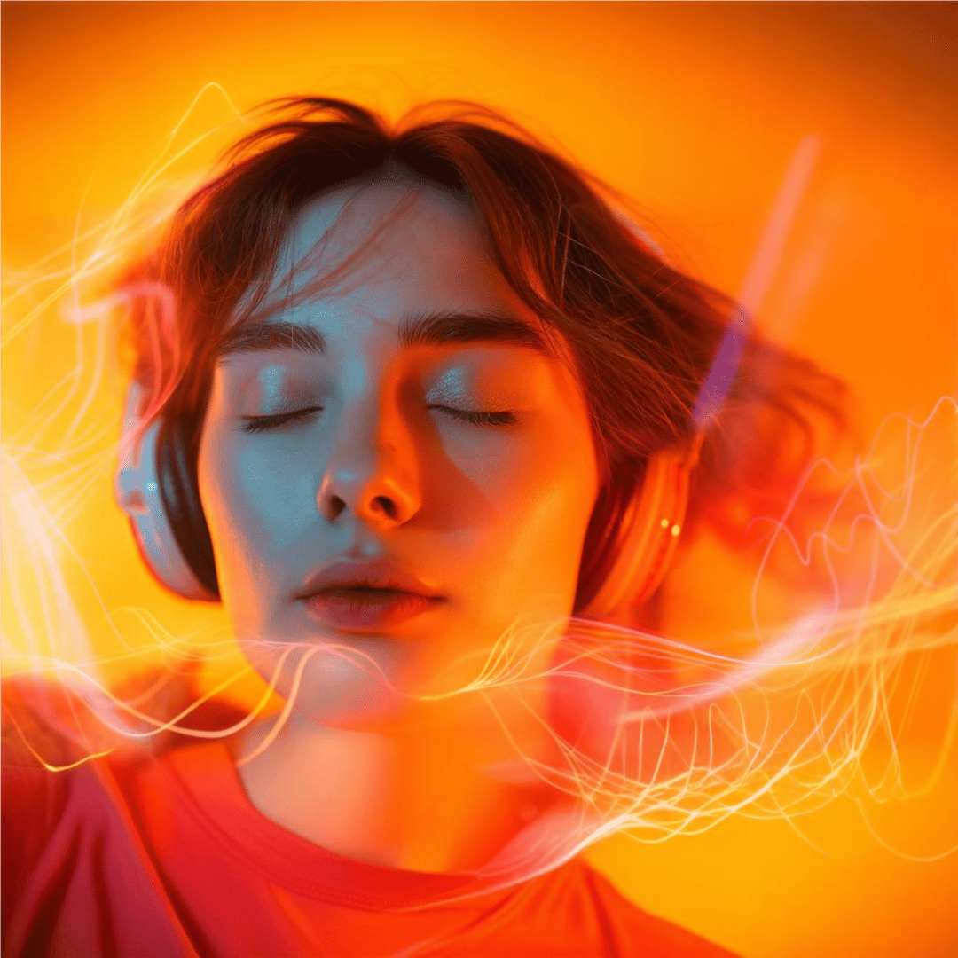 A woman with headphones listening to music. This can support your brain and mental health, as discussed in the blog article by The Vitalogy Project.