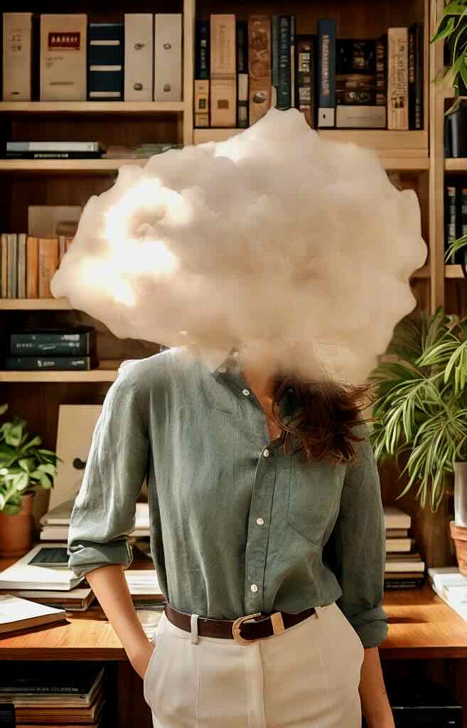 Woman in home office with fog covering her head