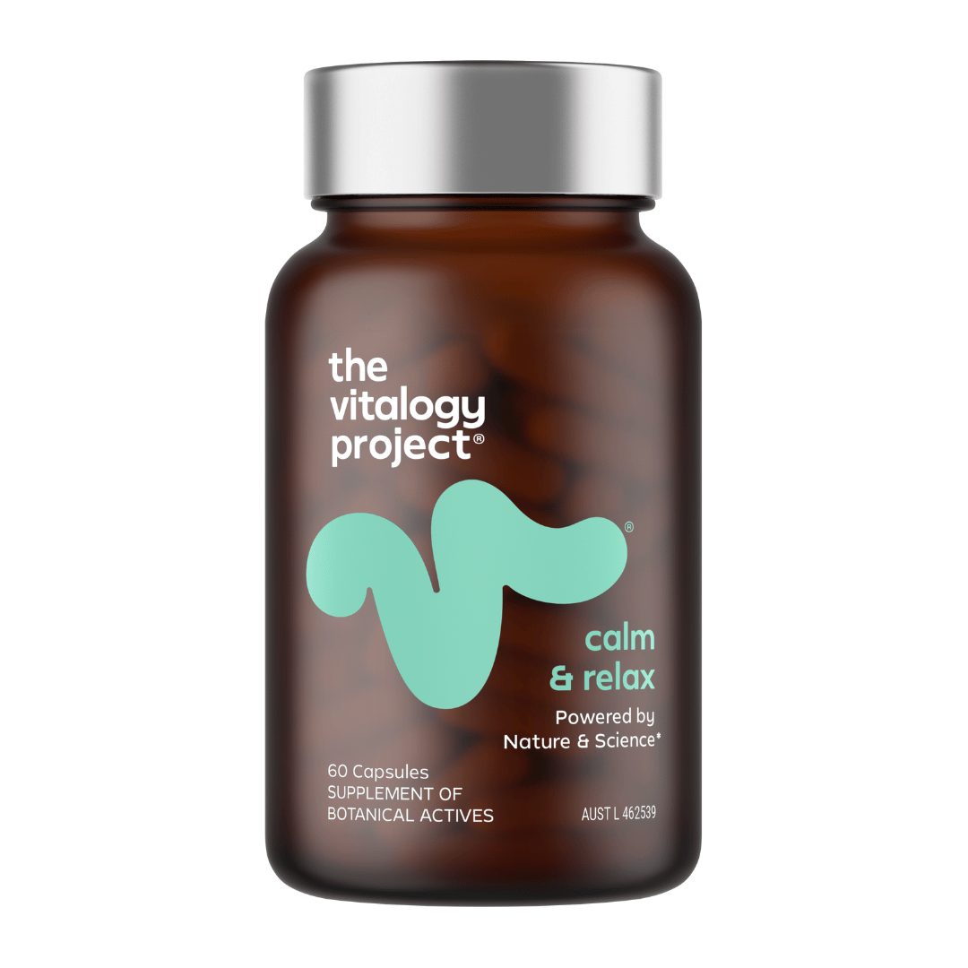 Calm & Relax supplements from The Vitalogy Project, supporting stress reduction, nervous system health, and a relaxed mind throughout the day and night.